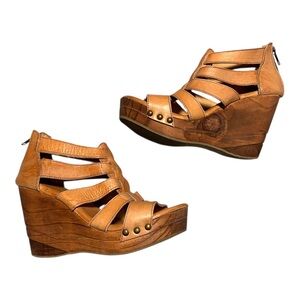 Bed Stu Olinda Sandals Tan Leather Wedge Platform Heel Size 8 Boho Festival
